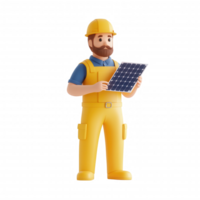 Friendly engineer examining solar panel data with a clipboard, focused on sustainability. png