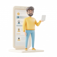 Smartphone user engaging with a digital interface in a modern, animated style. png