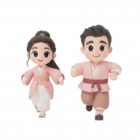 Two cute animated characters in traditional attire walking joyfully together. png