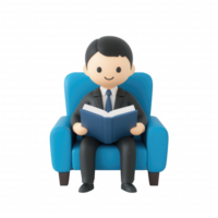 A smiling man in a suit reading a book while sitting in a blue armchair. png