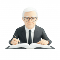 A wise older man in a suit, studying a large open book with thoughtful focus. png