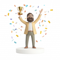Happy man celebrating with a trophy surrounded by colorful confetti in a joyful scene. png