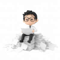 A cheerful cartoon character sitting on a pile of paperwork, reading a document. png
