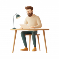 A man working on a tablet at a desk, embodying productivity and modern workspace. png