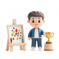 Cheerful artist with a trophy, standing next to a colorful painting on an easel. png