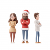 Three cartoon characters with crossed arms, each showcasing unique festive styles. png