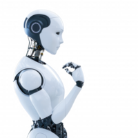 Futuristic robot flexing muscles, representing strength and advanced technology. png