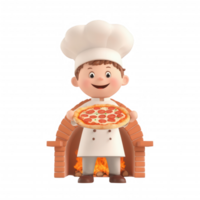 Cheerful pizza chef presenting freshly baked pizza in a traditional oven. png