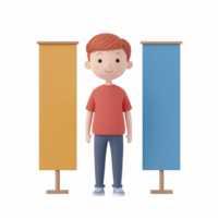 A cheerful character stands between two colorful banners, representing happiness and creativity. png