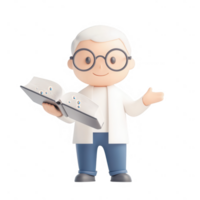 A cartoon scientist character holding a book and smiling confidently. png