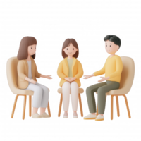 Three stylized characters engaging in a group discussion, conveying teamwork and unity. png