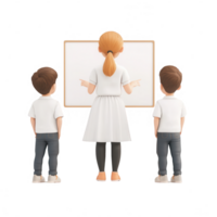A teacher instructing two children before a blank whiteboard in a classroom setting. png