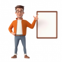 A young man in an orange jacket, smiling and pointing at a blank white board. png