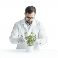Scientist analyzing a small plant in a laboratory setting with precision tools. png