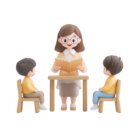 A teacher reading a book to two attentive children in a classroom setting. png