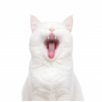 A fluffy white cat yawning and showing its playful personality. png