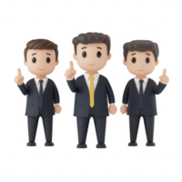 Three cartoon businessmen standing together, all dressed in formal suits, smiling. png