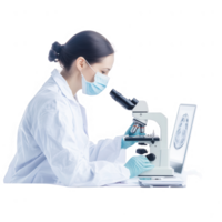 Scientist examining samples under a microscope in a laboratory setting. png