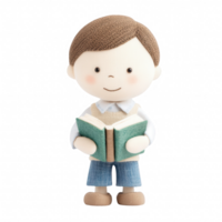 A cute, plush boy character reading a book, embodying a love for learning and imagination. png