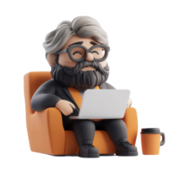 A cheerful man working on a laptop while enjoying coffee in a cozy chair. png