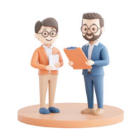 Two animated characters discussing a project with documents in a professional setting. png