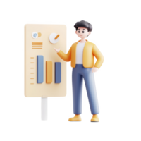A cheerful character presenting data insights on a colorful chart. png