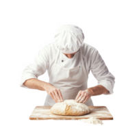 A chef skillfully kneads fresh dough on a wooden surface in a bright kitchen. png