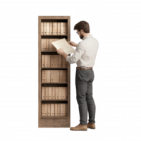 A man organizing files in a wooden bookshelf for efficient data management. png