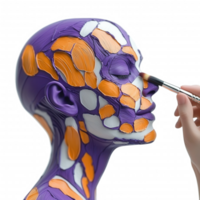 A creative skincare routine with vibrant paint on a model's face for artistic expression. png