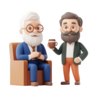 Two cartoon characters enjoying a coffee conversation in a cozy setting. png