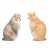 Two playful cats meowing at each other, showcasing their distinct colors and expressions. png