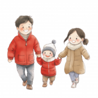 A cheerful family walking together in winter attire, enjoying a snowy day outdoors. png