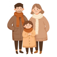 A cheerful family portrait featuring three members dressed warmly for winter. png