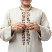 A close-up of a person adjusting the embroidered garment, symbolizing cultural heritage. png