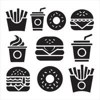 Fast Food Icons Set Burgers Fries Donuts and Drinks vector