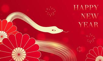 Spring Festival background design gold snake and red abstract flowers vector