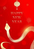 Spring Festival poster design gold snake and lantern fireworks on a red background vector