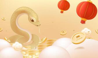 Spring Festival background design there is a golden snake in a pile of gold coins vector