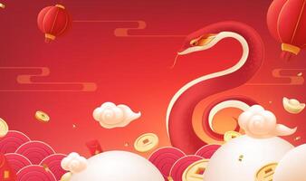 Spring Festival background design red snake in the cloud around the ingot and gold coins vector