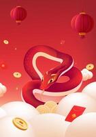 Spring Festival poster design red snake red lantern red packet and wealth vector
