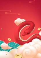Spring Festival poster design red snake dish in the cloud with red lanterns and gold coins vector