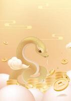 Spring Festival poster design there is a golden snake in a pile of gold coins vector