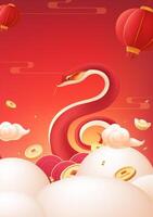 Spring Festival poster design red snake in the cloud around the ingot and gold coins vector