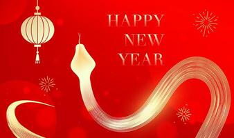 Spring Festival background design gold snake and lantern fireworks on a red background vector