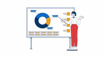 Asian woman manager pointing on pie chart presentation board 2D character animation. Employee cartoon 4K , alpha channel. Female analyst piechart whiteboard animated person on white background video