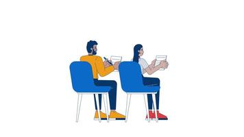 Sitting chairs diverse lecture listeners writing notes 2D characters animation. Seminar audience paperwork cartoon 4K , alpha channel. Conference journalists animated people on white background video
