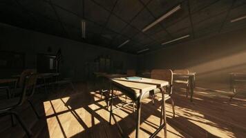 Abandoned school classroom with empty desks and sunlight streaming in video