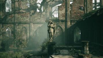 Mysterious ruins with a statue and overgrown vegetation in soft morning light video