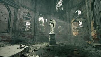 Abandoned chapel with a statue illuminated by sunlight in a serene atmosphere video