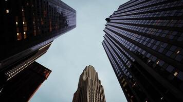 Looking up at towering skyscrapers in an urban skyline during twilight hours video